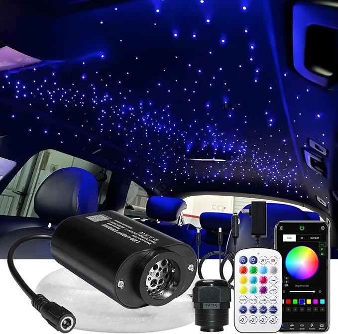 AZIMOM Mini 6W Twinkle 600pcs Fiber Optic Starlight Headliner Kit for Car Home 0.03in 9.8ft End Glow Fiber Strands Sound-Activated APP& Remote Control Starlight Engine