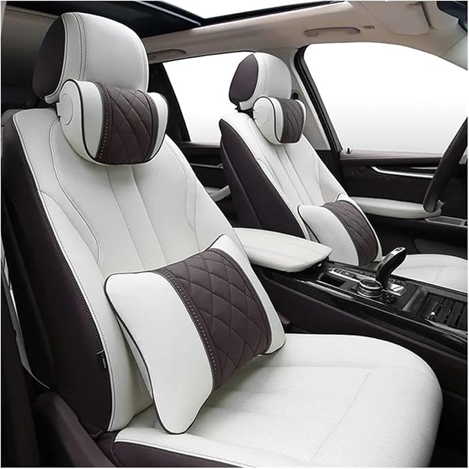 Car seat headrest Leather Car Fit for Seat Rest Cushion Headrest Car Neck Pillow Fit for BMW (Color : Beige)