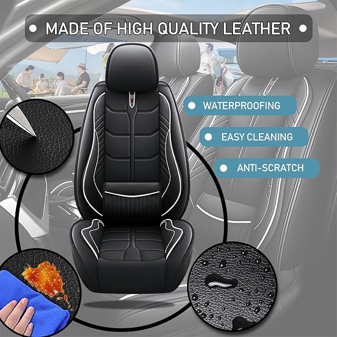 Leather Car Seat Covers Fit for Toyota Sequoia 2001-2024, 5 Seater Car Seat Cover, Premium Waterproof, Scratch Resistant Car Interior Accessories (Full Set Black White)