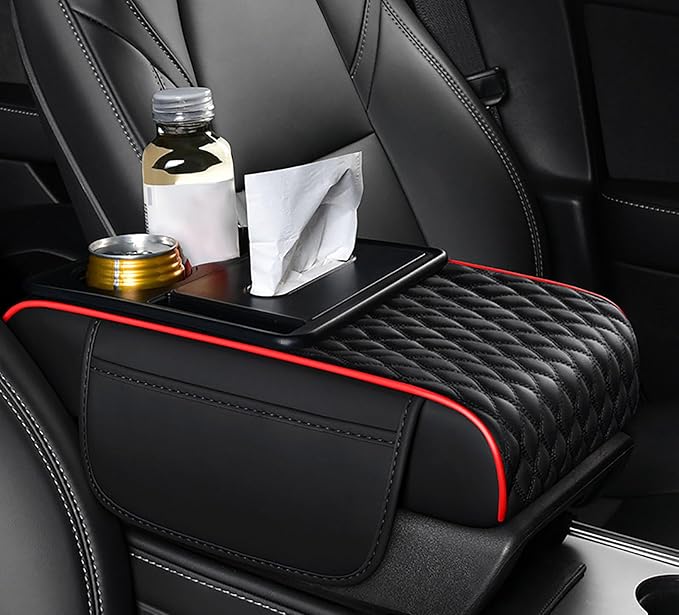 Car Armrest Center Console Cover for Ford Maverick 2022–2025, Center Console Pad with Cup Holder, Multifunctional Armrest Cushion,A Black+Red