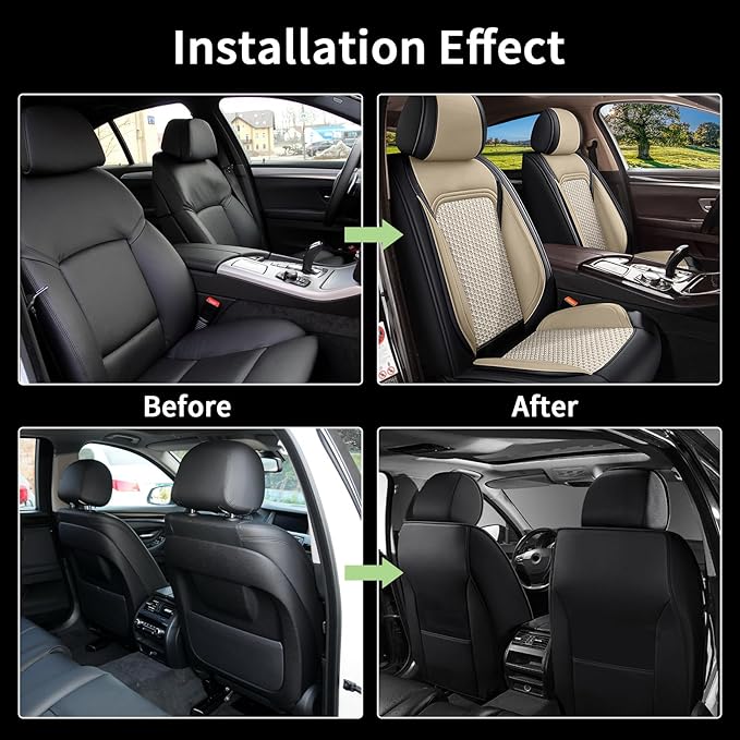 Car Seat Covers Front Seats for Acura TSX 2009-2014, Breathable Cooling Ice Silk Leather Car Seat Covers, 2 Seats Vehicle Seat Protector Seat Cushion Auto Accessories (Black&Beige)