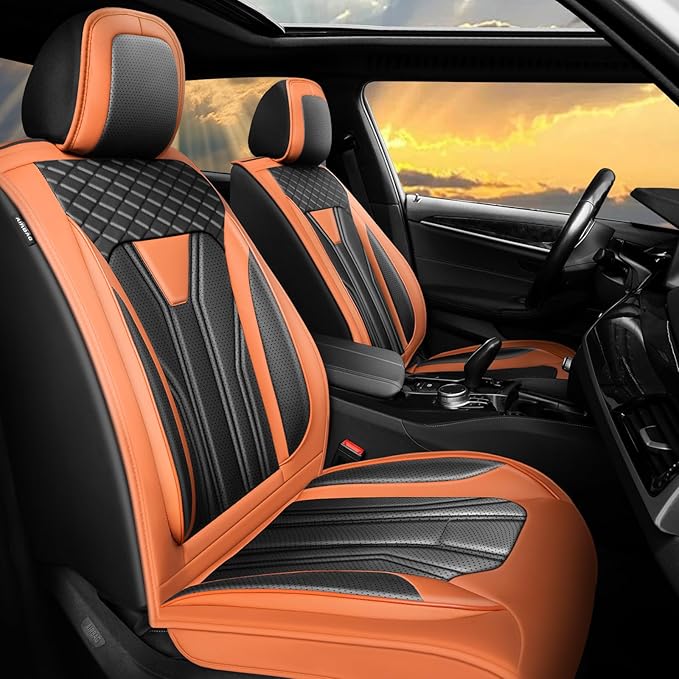 Fit Kona Car Seat Covers for Select Hyundai Kona 2018-2025 2026. Premium Leather, Waterproof， Breathable, Scratch-Resistant & All-Weather Seat Cushion Protector (Full Set, Orange&Black)