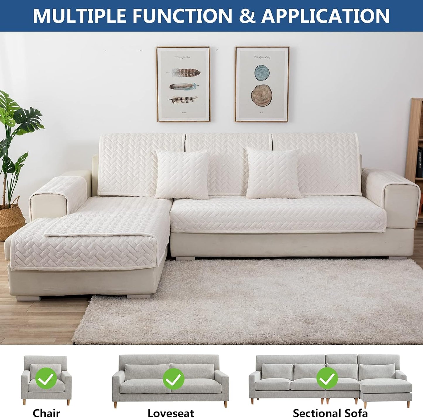 Eismodra Couch Cover,Sectional Couch Covers,Sofa Covers for 3 Cushion Couch,Anti-Slip Sofa Slipcovers for Dogs Cats Kids Loveseat Recliner L Shaped Armrest Backrest,White 43''x82''(Only 1 Piece)