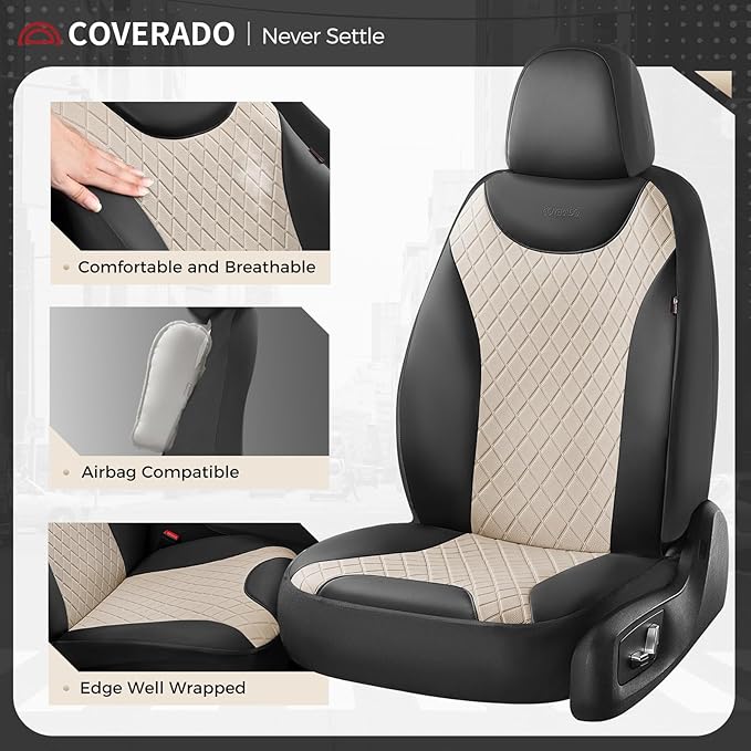 Coverado Front Seat Covers, 2 Seats Universal Seat Covers for Cars, Leather & Fabric Splicing Design Car Seat Protectors, Waterproof Car Seat Cushions Universal Fit for Vehicles, Black & Beige