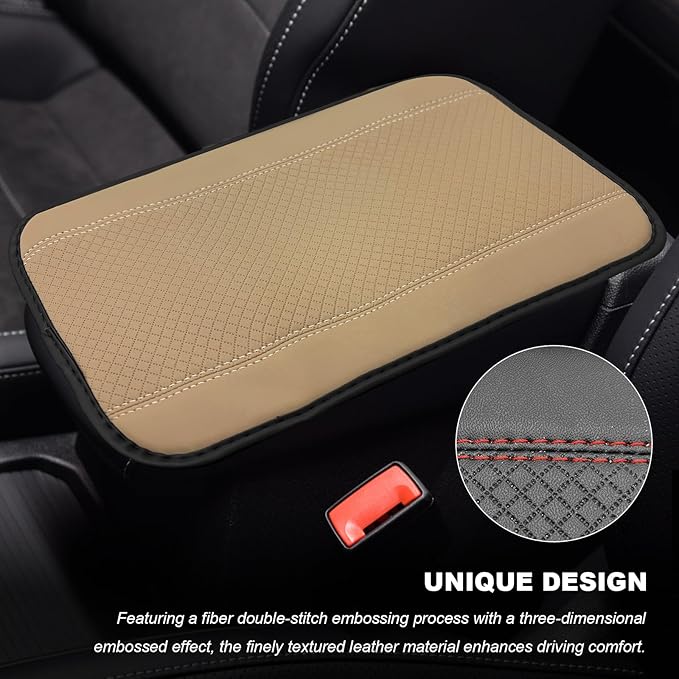 Car Armrest Storage Box Mat, Leather Embossing Auto Center Console Cushion Protective Pad, Anti-Scratch Waterproof Armrest Seat Box Protector for Most Cars Trucks SUVs (Beige)