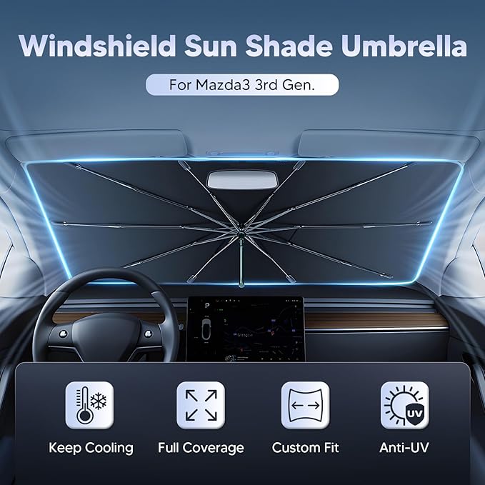 Autorder Windshield Sun Shade Umbrella for Mazda 3 2019-2025 Mazda3 Accessories,Upgraded Ice Crystal Material,Easy Setup Umbrella Sunshade for Car Windshield,100% Sun Blocking