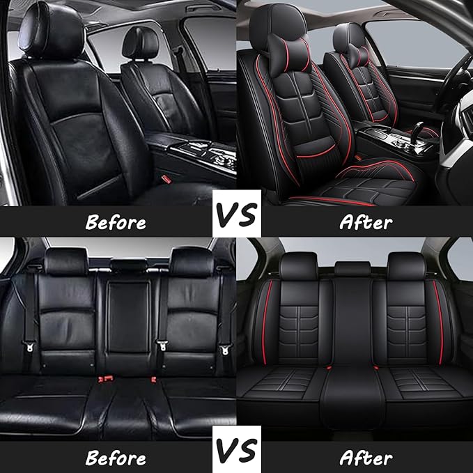 Leather Car Seat Covers Fit for Toyota Highlander 2001-2024, 5 Seater Car Seat Cover, Premium Waterproof, Scratch Resistant Car Interior Accessories (Full Set with Pillow Black)