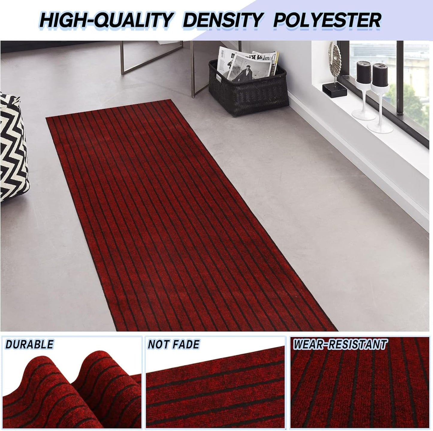 Custom Size Backed Non-Slip Area Rugs Runner, Easy Clean, Waterproof Runner Rugs for Hallway Entryway, Kitchen, Laundry, 4FT x 33FT, Red Stripe