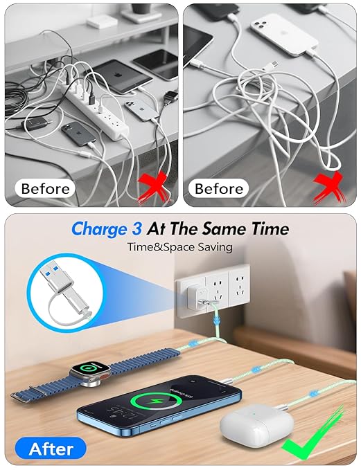 1Pack Multi Charging Cable Cord for Travel Essentials,Apple Watch Charger,iPhone Charger,[3-in-2] Type C/Lightning Cable Portable Designed for iWatch,iPhone 17-8,Galaxy S25-21,AirPods,iPad-4FT Green