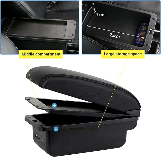 AULPHIKE Compatible with Nissan Versa Armrest 2007-2011 Car Center Console Organizer Armrests Double Layer Storage with 3 USB（Black）