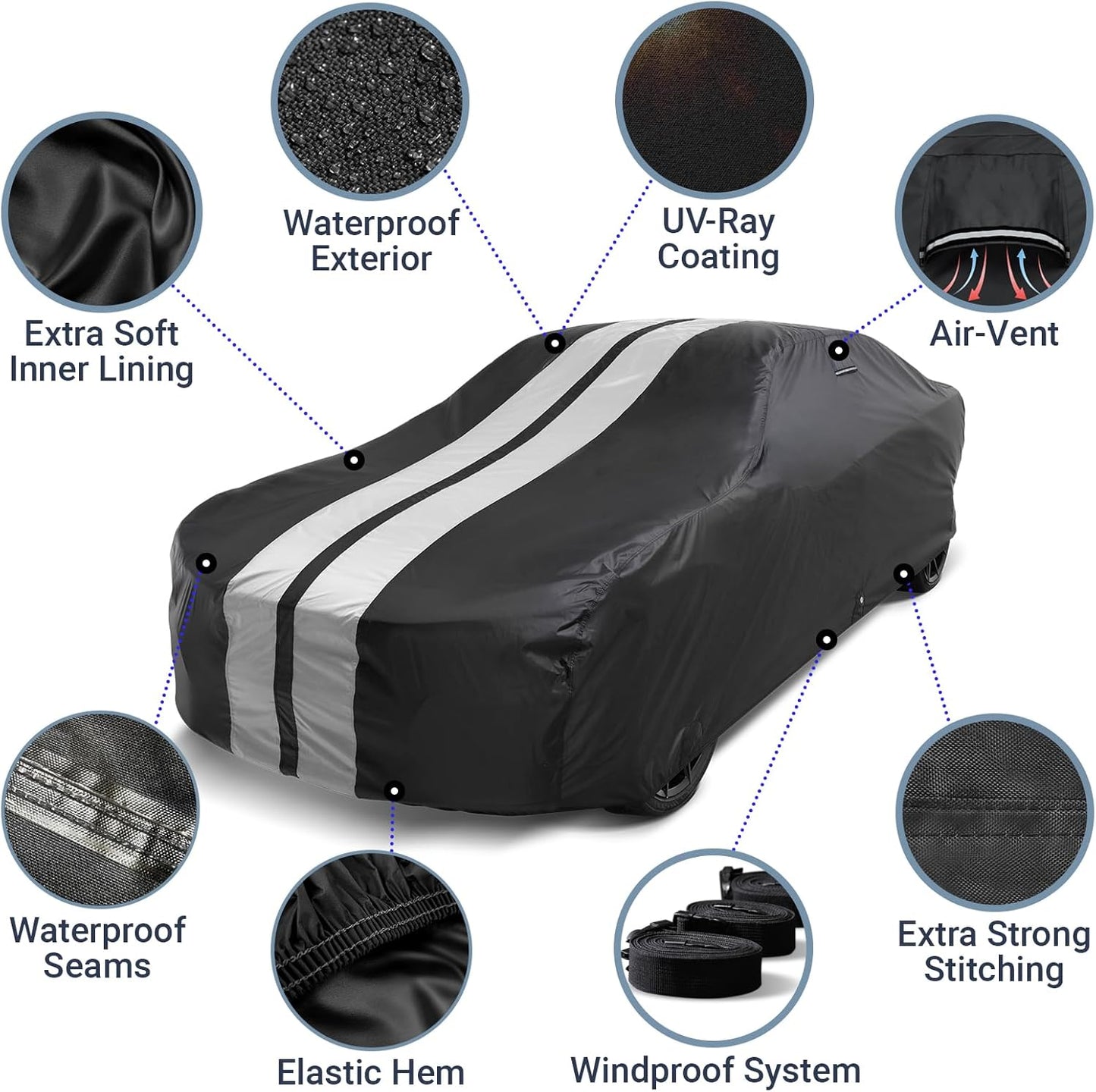 iCarCover Custom Car Cover for Buick Lesabre (1959-1970) Waterproof All-Weather Rain Snow UV Sun Protector Full Exterior Indoor Outdoor Car Cover (Stripe - Black/Gray)