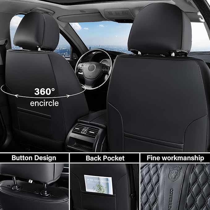 Coverado Leather Seat Covers for Car, Waterproof Front Car Seat Covers with Lumbar Support Universal Fit for Most Sedans SUV Pick-up Truck(Black&Gray)