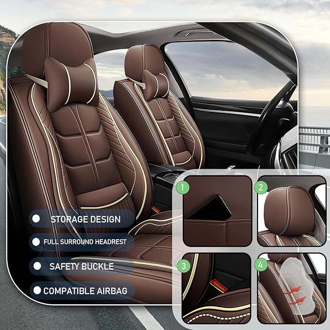 Leather Car Seat Covers Fit for Toyota Avalon Hybrid 2013-2024, 5 Seater Car Seat Cover, Premium Waterproof, Scratch Resistant Car Interior Accessories (Full Set with Pillow Coffee)