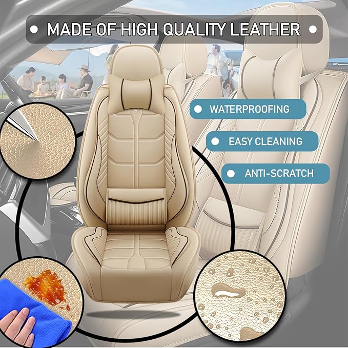 Leather Car Seat Covers Fit for Toyota Sequoia 2001-2024, 5 Seater Car Seat Cover, Premium Waterproof, Scratch Resistant Car Interior Accessories (Full Set with Pillow Beige)