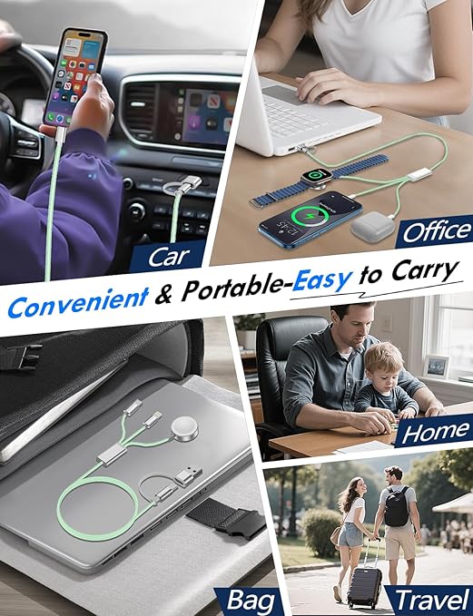 1Pack Multi Charging Cable Cord for Travel Essentials,Apple Watch Charger,iPhone Charger,[3-in-2] Type C/Lightning Cable Portable Designed for iWatch,iPhone 17-8,Galaxy S25-21,AirPods,iPad-4FT Green