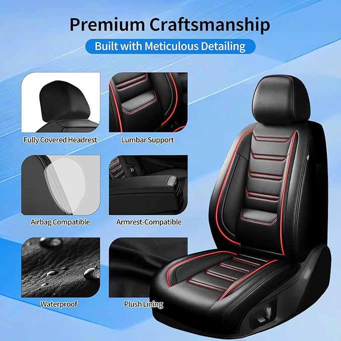 Car Seat Covers for Select Honda Fit 2007-2020, Premium Full Coverage Leather, Airbag Compatible & Scratch-Resistant, Waterproof & All Weather Breathable Seat Protector, Full Set, Red Trim