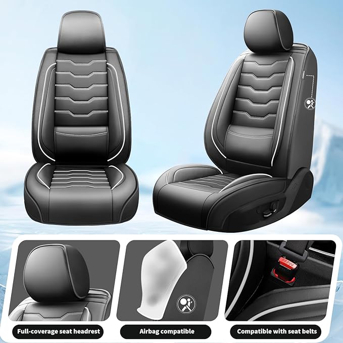 Fit Prius Car Seat Covers for Toyota Prius 2001-2025 2026 -Premium Leather, Waterproof，Breathable，All-Weather Seat Cushion Protecto & Airbag Compatible, 2 Front Seat White Line Black