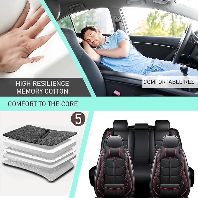 Leather Car Seat Covers Fit for Toyota Prius c 2012-2019, 5 Seater Car Seat Cover, Premium Waterproof, Scratch Resistant Car Interior Accessories (Full Set with Pillow Black Red)