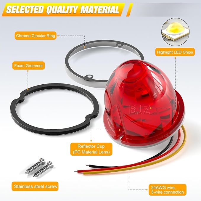 BJZ 6Pcs Red Watermelon LED Strobe+Constant Marker Lights Dual Function Watermelon-Shaped Side Marker Clearance Tail Top Cap Roof Lights for Trailer Truck Semi-Trailer Heavy-Duty Truck Bus Van