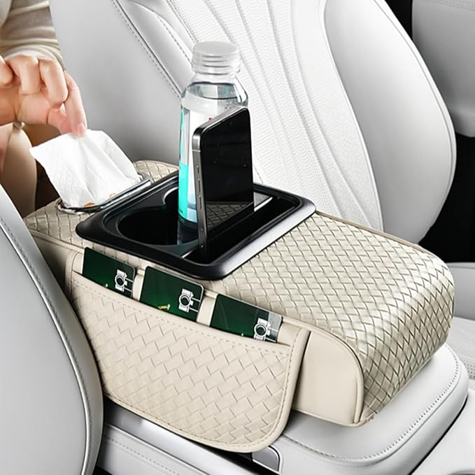 Car Armrest Cushion Cover Car Center Console Memory Foam Booster Pad with Storage Pocket and Tissue Hole for Sedan Vehicle (Cupholder - Coffee, 13.39 * 7.68 * 2.95'' / 34 * 19.5 * 7.5cm)