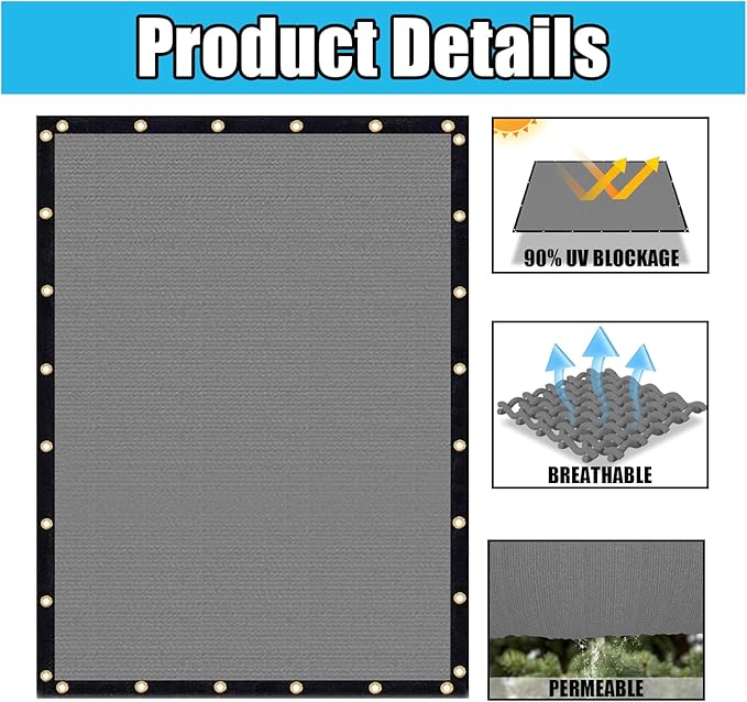 Amagenix 90% Shade Fabric 11'X 13' Gray Sun Shade Cloth with Grommets for Pergola Replacement Shade Cover Canopy, Heavy Duty, Cable Zip Ties Included (We Customized)
