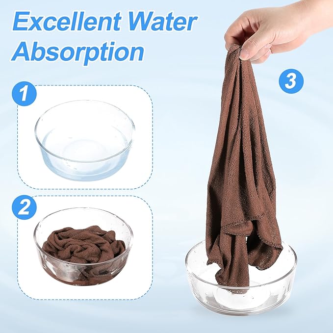 HARFINGTON 4 Pack Microfiber Cleaning Cloth, 12" x 12" Multi-Functional Cleaning Towels Reusable Absorbent Rags with Hook for Car Wash Kitchen Household Window Clean, Brown