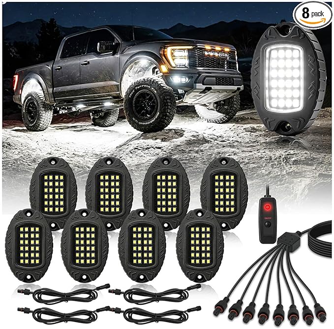 8 Pods Pure White LED Rock Lights, IP68 Waterproof Aluminum 6500K Bright White Underglow Light with Extension Cord Harness,12V Metal Fender Lights for Jeeps Trucks Off Road UTV ATV Car Golf SXS Etc
