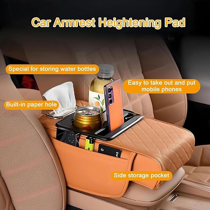 Car Center Console Cover for Hyundai Tucson 2021-2024, Leather Armrest Cushion Protector Pad with Tissue Box Holder Storage Pockets Cup Holder Phone Slot, G/Orange