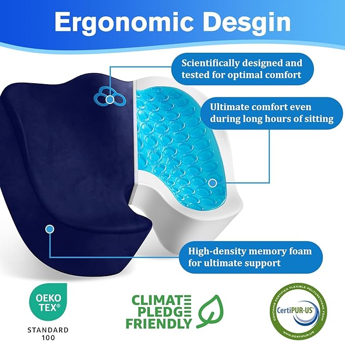 Seat Cushion, Gel Chair Cushions, Office Chair Cushions, Anti-Slip Bottom & Removable Cover Tailbone Pain Relief Cushion, Memory Foam Seat Cushion for Office, Wheelchair, Car (Blue)