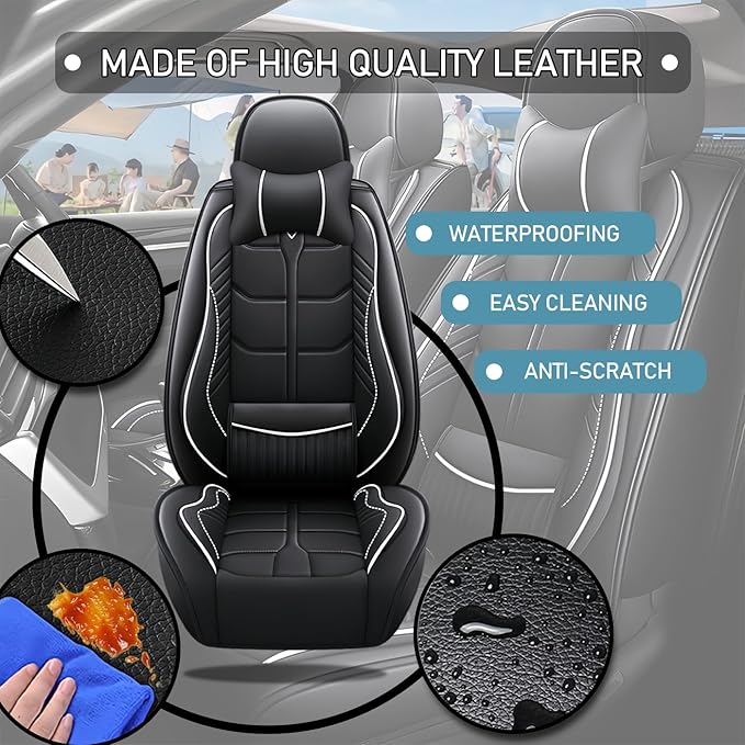 Leather Car Seat Covers Fit for Toyota Corolla Hybrid 2020-2024, 5 Seater Car Seat Cover, Premium Waterproof, Scratch Resistant Car Interior Accessories (Full Set with Pillow Black White)