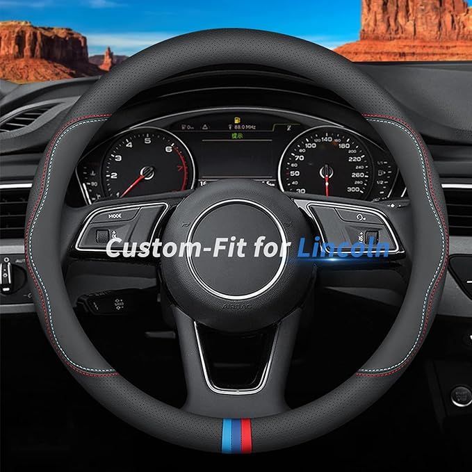 Custom-Fit for Lincoln Steering Wheel Cover, Premium Leather Car Steering Wheel Cover with Logo, Non-Slip, Breathable, for Lincoln Accessories (C-Style,for Lincoln)