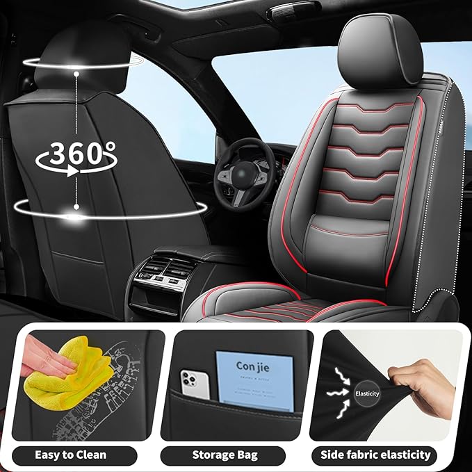 Fit Prius Car Seat Covers for Toyota Prius 2001-2025 2026 -Premium Leather, Waterproof，Breathable，All-Weather Seat Cushion Protecto & Airbag Compatible, 2 Front Seat Red Line Black