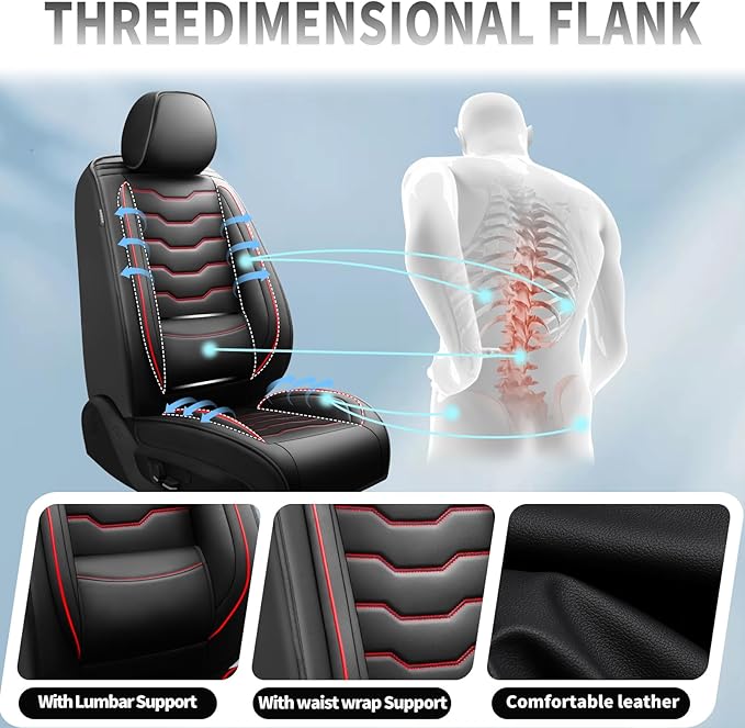 Fit Rogue Car Seat Covers Compatible with Nissan Rogue 2011-2025 2026 - Premium Leather， Waterproof Breathable， All-Weather Seat Cushion Protecto&Airbag Compatible (2 Front Seat Red Line Black)