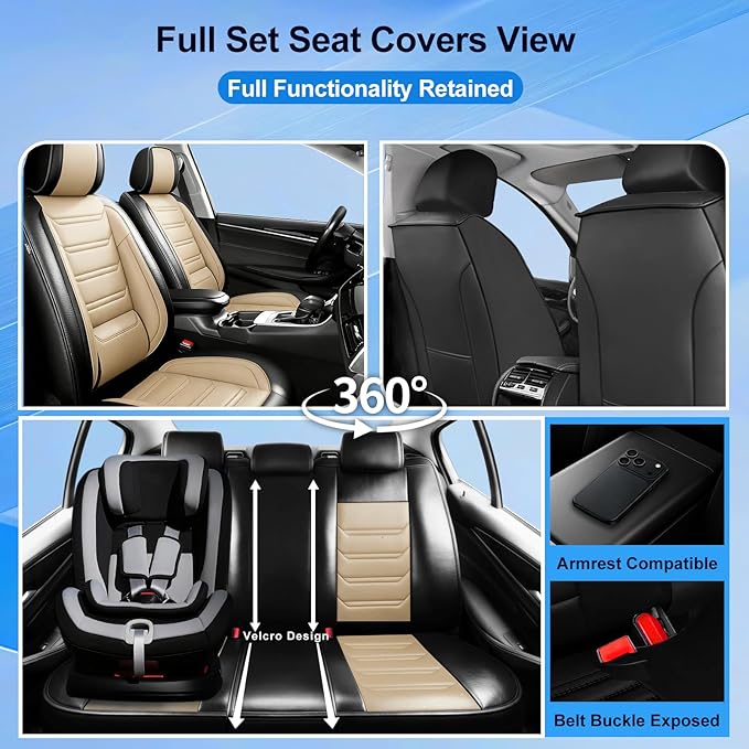 Fit Sonic Car Seat Covers for Select Chevrolet/Chevy Sonic 2012-2020, Premium Full Coverage Leather, Airbag Compatible, Waterproof All Weather Seat Cushion Protector, Front Pair Black+Beige