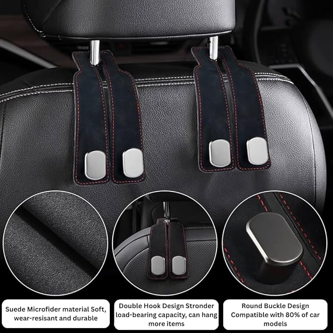 Car Seat Headrest Hooks for Purses and Bags - Premium Leather Double Hook Hanger with Metal Construction, Universal Purse Holder for Car Organization, Fits Most Vehicles (Black, 4-Pack)