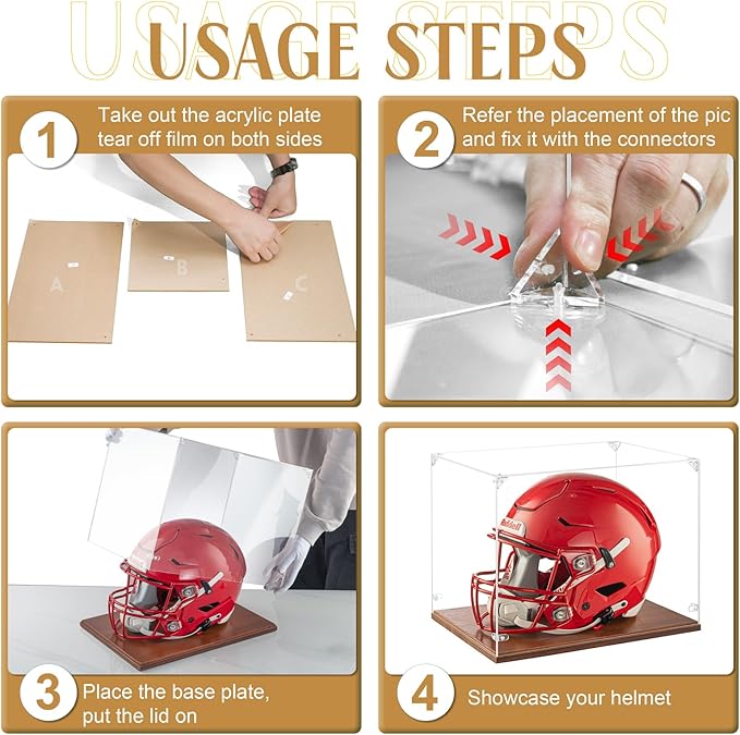 GYaozii Mini Helmet Display Case, UV Protection Thickened Clear Acrylic Souvenirs and Collectibles Box, 1/2 Football Baseball Helmet Showcase with Solid Wood Base for Sports Enthusiast