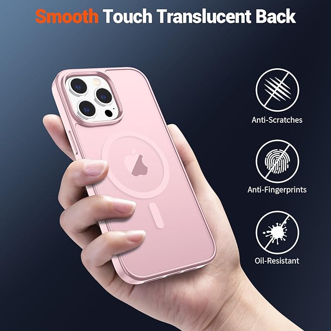 SUPFINE Magnetic for iPhone 14 Pro Max Case with Screen Protector (Compatible with MagSafe) (Military Grade Drop Protection) Translucent Matte Shockproof Phone Cover,Light Pink