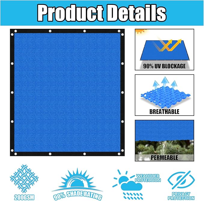 Amagenix 90% Pergola Shade Cover 9' X 13' Sun Shade Cloth with Grommets for Outdoor Garden Patio Porch, Commercial Grade 200 GSM - Cable Zip Ties Included (We Customized) GN108, Blue