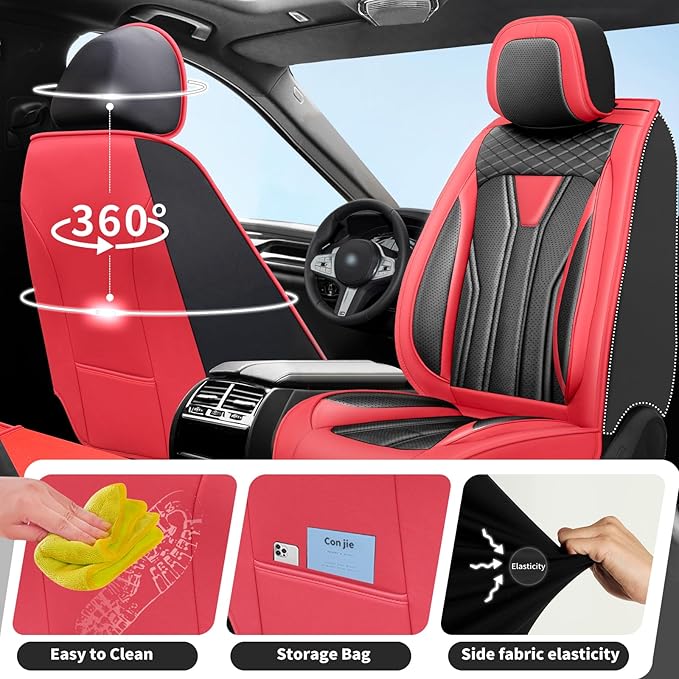 Fit Murano Car Seat Covers Compatible with Nissan Murano 2004-2025 2026 - Premium Leather， Waterproof Breathable， All-Weather Seat Cushion Protecto&Airbag Compatible (2 Front Seat Red&Black)