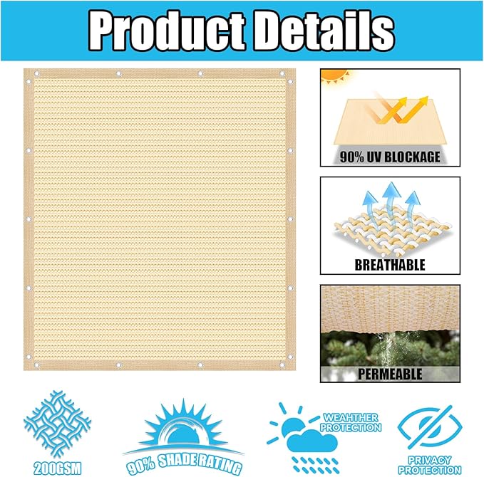 Amagenix 90% Pergola Shade Cover 12' X 14' Sun Shade Cloth with Grommets for Outdoor Garden Patio Porch, Commercial Grade 200 GSM - Cable Zip Ties Included (We Customized) GN108, Wheat