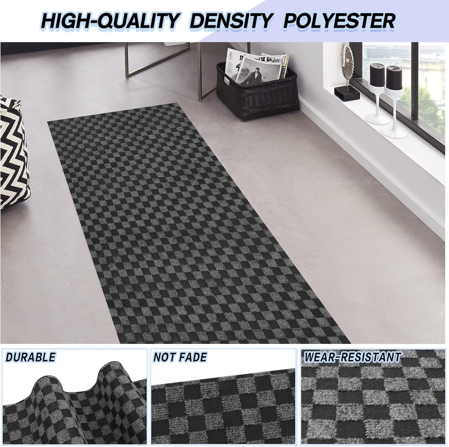 Custom Size Backed Non-Slip Area Rugs Runner, Easy Clean, Waterproof Runner Rugs for Hallway Entryway, Kitchen, Laundry, 2FT x 29FT, Gray Checkered