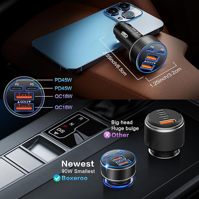 USB C Car Charger, Multi Port 90W Super Fast Charging Cigarette Lighter Adapter, 4-in-1 Dual USB-C & USB-A Car Phone Power Adapter for iPhone 17/16/15/Pro Max, iPad, Samsung Galaxy S25 (Black, 3-Pack)