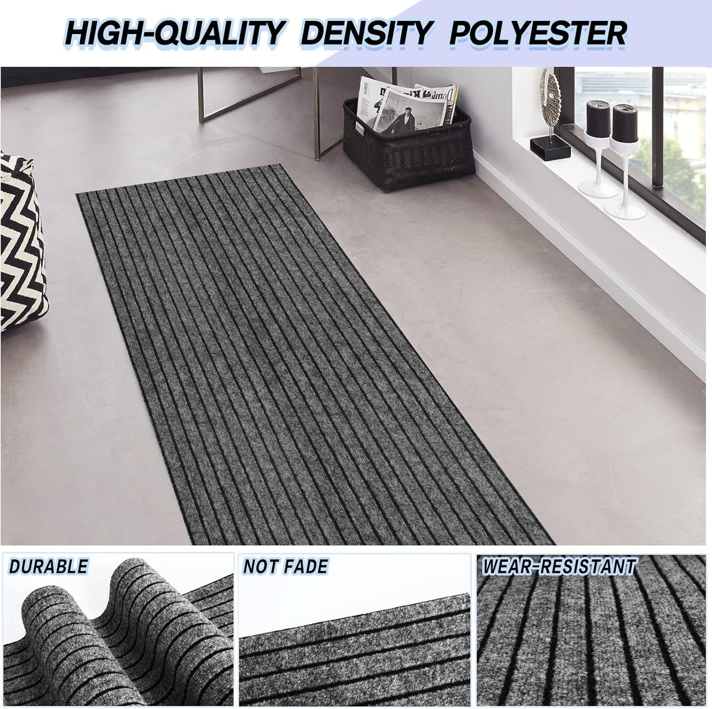 Custom Size Backed Non-Slip Area Rugs Runner, Easy Clean, Waterproof Runner Rugs for Hallway Entryway, Kitchen, Laundry, 4FT x 57FT, Gray Stripe