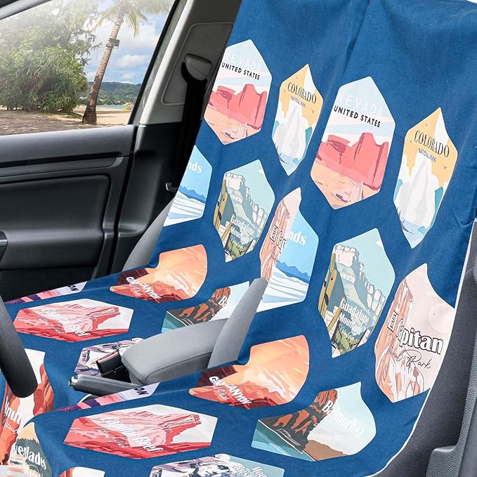 2 Pack Car Seat Towel Covers with Storage Bag 63 x 32 Inch Athletic Running Towel Seat Sweat Washable Non Slip Cover Gift for Car Outdoor Sport Activities (Multi National Parks 1)