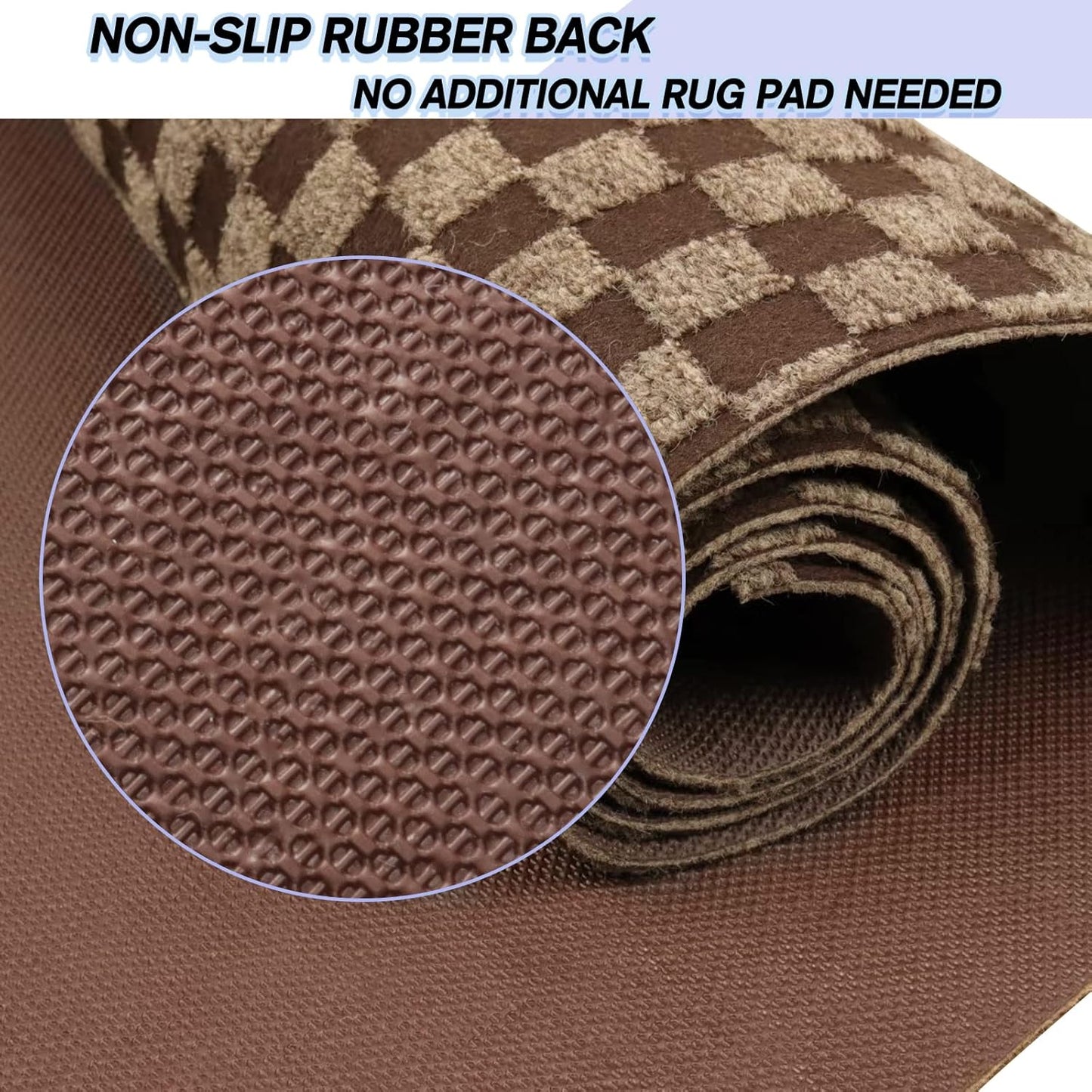 Custom Size Backed Non-Slip Area Rugs Runner, Easy Clean, Waterproof Runner Rugs for Hallway Entryway, Kitchen, Laundry, 2FT x 23FT, Brown Checkered