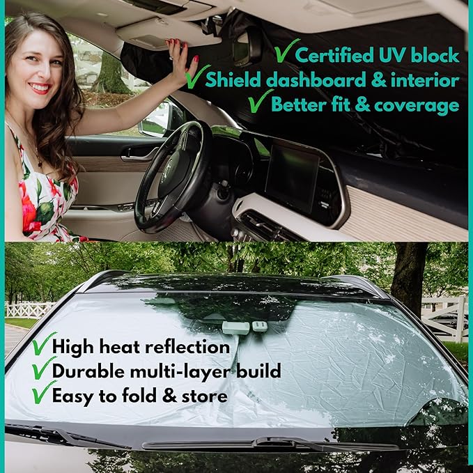 Windshield Sun Shade -Certified 99.87% UVB & 99.02% UVA Car Sun Shade. Award Winning Sunshade - Patented Technology | Compatible for Chevrolet Suburban (2021-2025) | Car Shades by Kinder Fluff