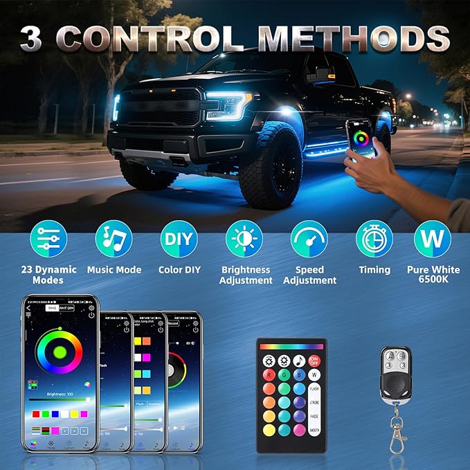 16 Pods Full Angle RGBW LED Rock Lights, 6500K Pure White RGB Rock Light for Truck Jeeps Pickup Offroad Golf Cart Boat RV UTV Underbody, 12V Waterproof Neon Underglow Kit with APP/RF Remote Sync Music