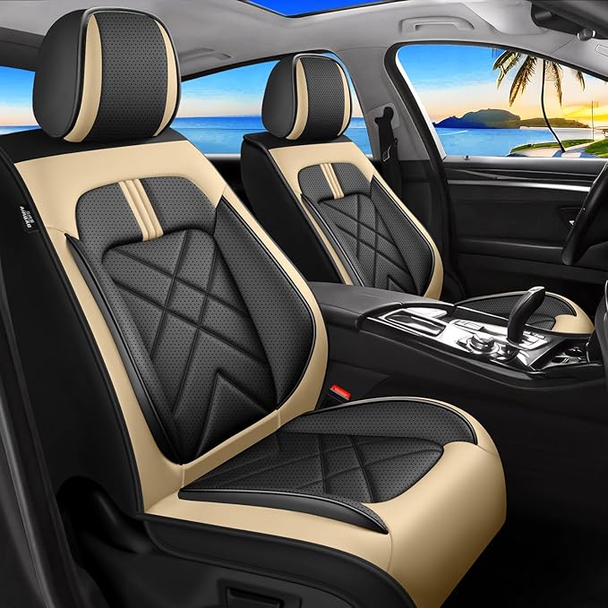 CX-5 Car Seat Covers Custom Fit for Mazda CX-5 2013-2025 2026, Full Coverage Leather Waterproof Breathable Seat Covers, Automotive Seat Protectors, Airbag Compatible(2 Front Seats, Black Beige)