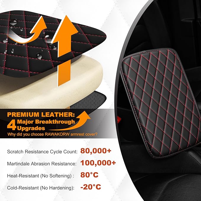 Center Console Cover for Cars Fit for Jeep Wrangler Leather Armrest Covers with 2 Storage Bags(Black&Red)