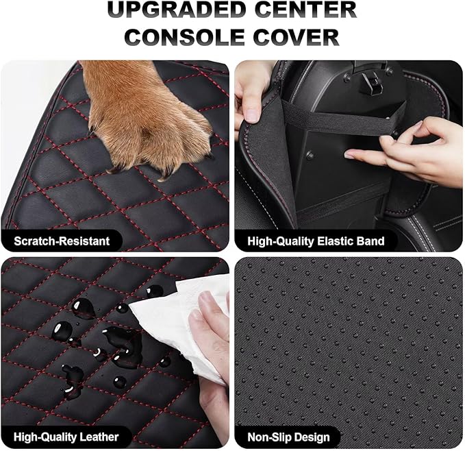 Upgraded Car Center Console Cover Fit for Avalon Faux Leather Car Armrest Cover Cushion with 2 Storage Bags,Car Armrest Storage Box Interior Accessories(Black&Redline)